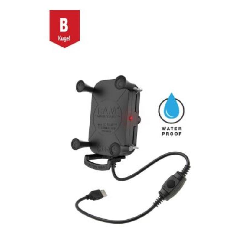 RAM MOUNTS TOUGH-CHARGE X-GRIP HALTEKLAMMER FÜR SMARTPHONES MIT LADEFUNKTION – B-KUGEL (1 ZOLL)